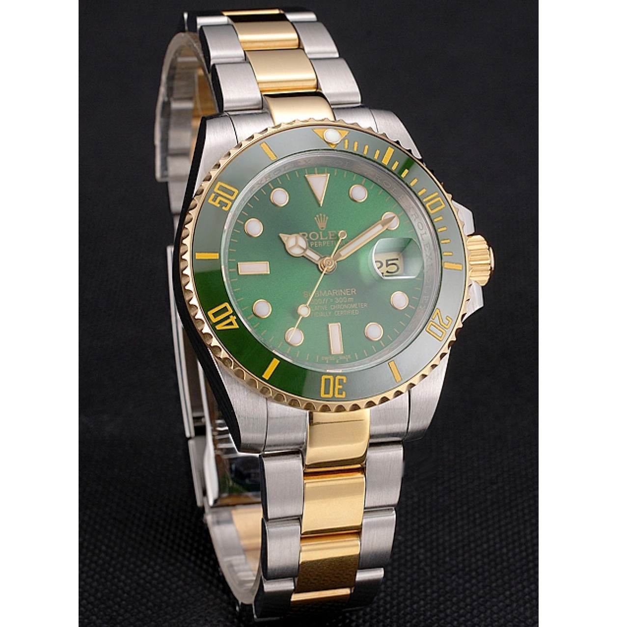 Rolex aaa copy Submariner Swiss Steel Rolex And Dial Tone Two Gold Bracelet Bezel Green 0625